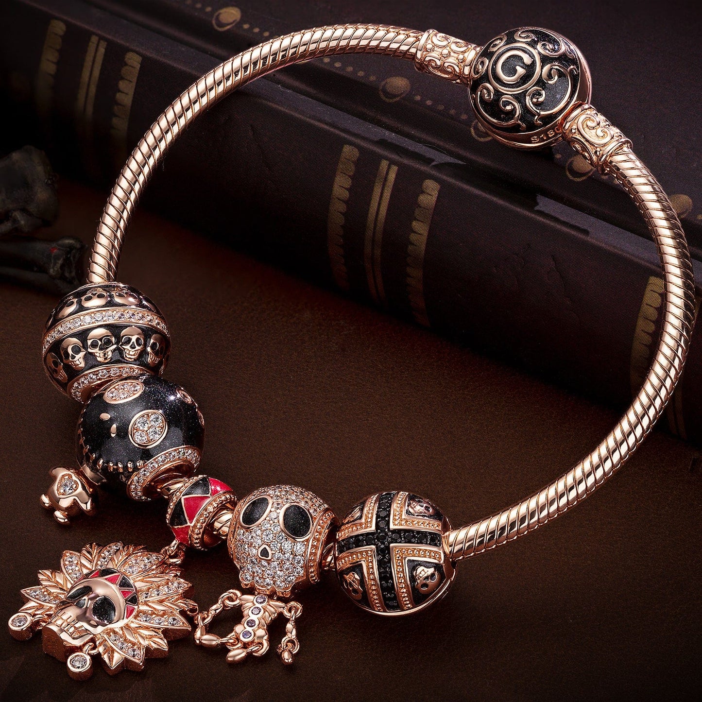 Skeleton Tribe Tarnish-resistant Silver Charms Bracelet Set With Enamel In Rose Gold Plated (Includes bracelet and all charms shown)