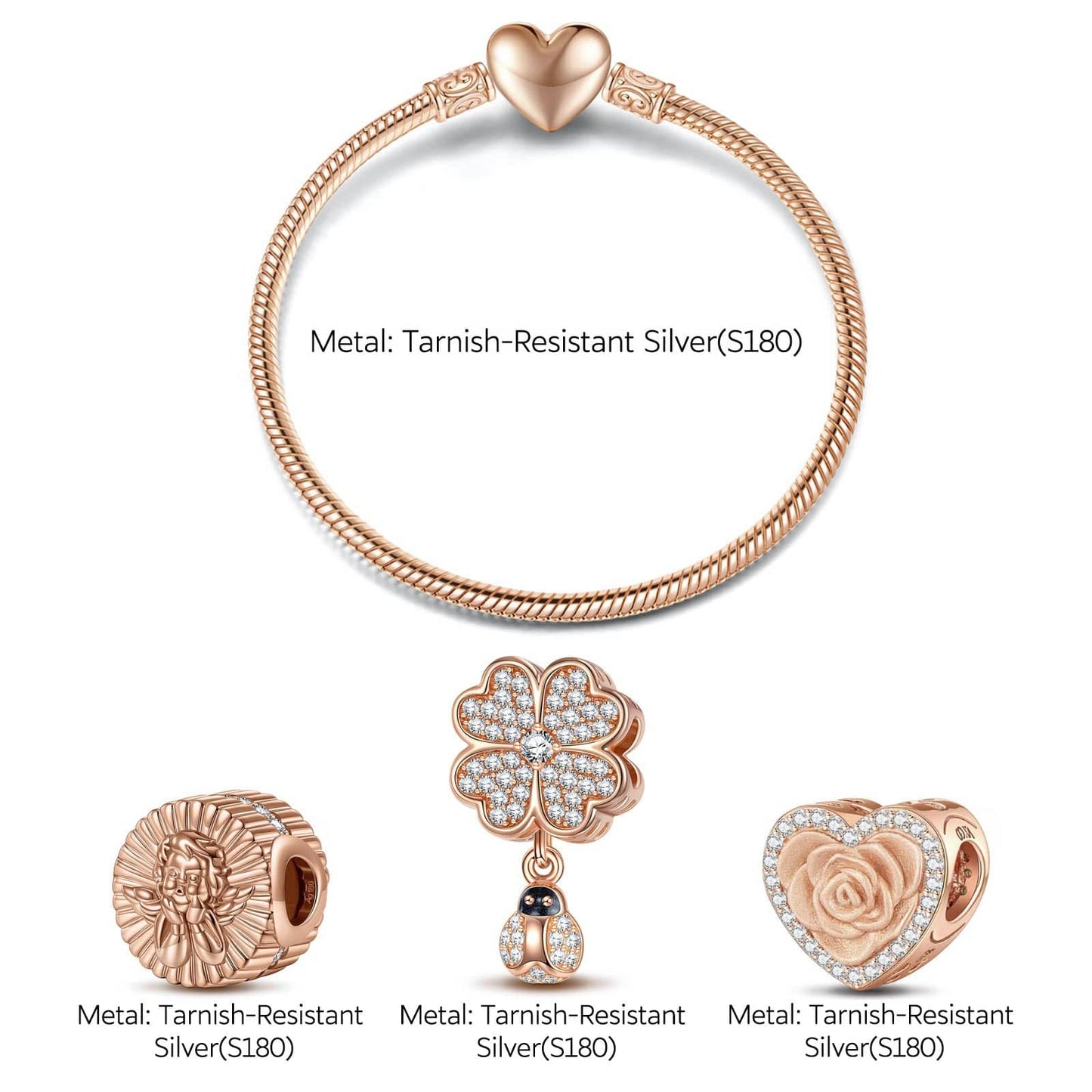 Smiling Flower Tarnish-resistant Silver Charms Bracelet Set In Rose Gold Plated (Includes bracelet and all charms shown)