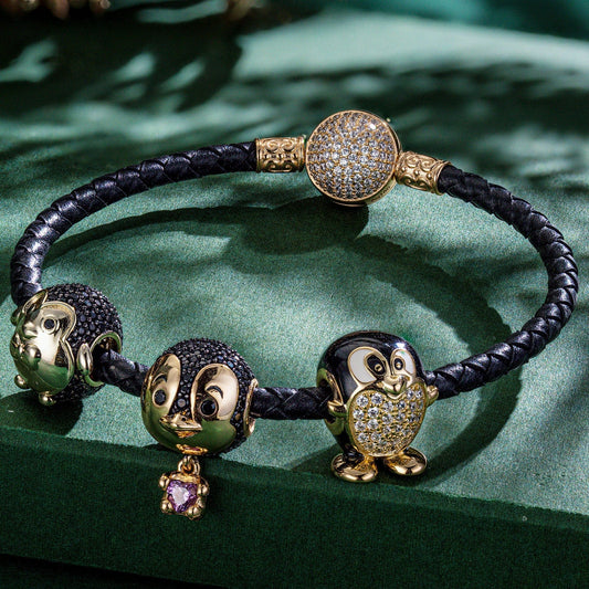 gona- Penguin Club Tarnish-resistant Silver Animals Charms Bracelet Set With Enamel In 14K Gold Plated - Heartful Hugs Collection (Includes bracelet and all charms shown)