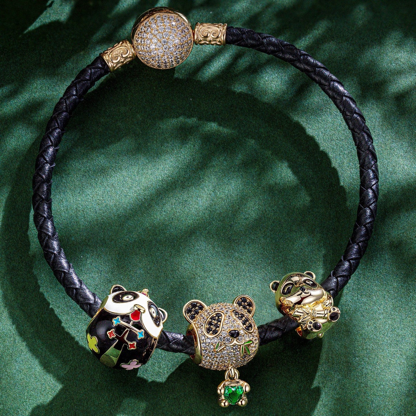 Lovely Panda Tarnish-resistant Silver Animals Charms Bracelet Set With Enamel In 14K Gold Plated - Heartful Hugs Collection (Includes bracelet and all charms shown)