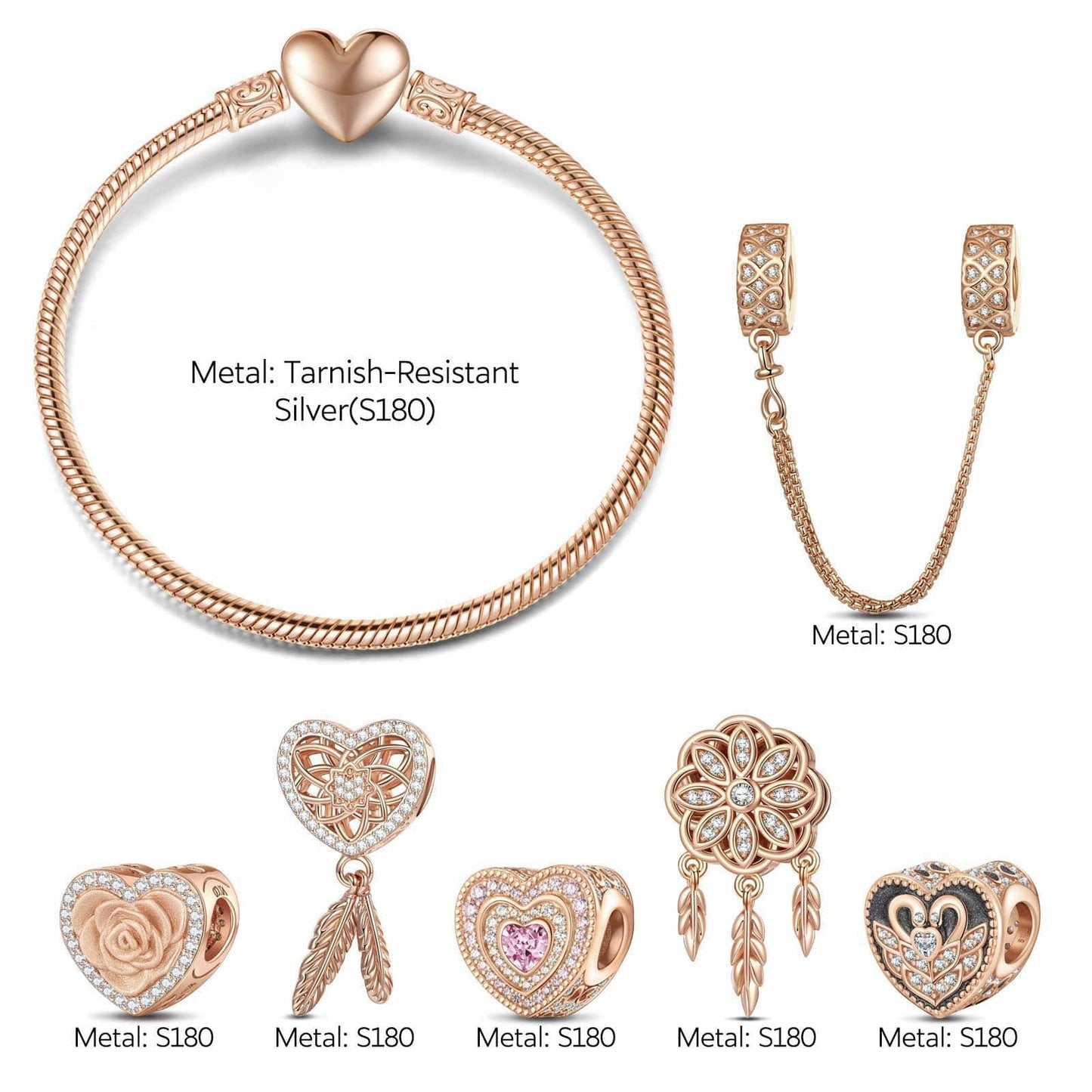 Rose Dreamcatcher Tarnish-resistant Silver Charms Bracelet Set In Rose Gold Plated (Includes bracelet and all charms shown)