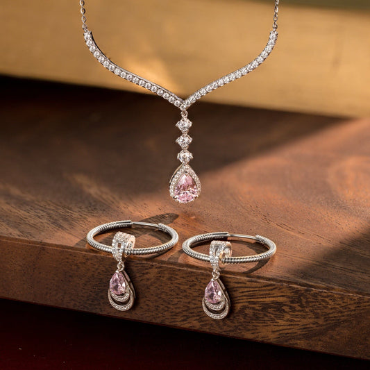 gona- Necklace and Earrings Set: Rosy Teardrop Tarnish-resistant Silver Necklace and Charms Earrings with Sterling Silver Ear Post In White Gold Plated