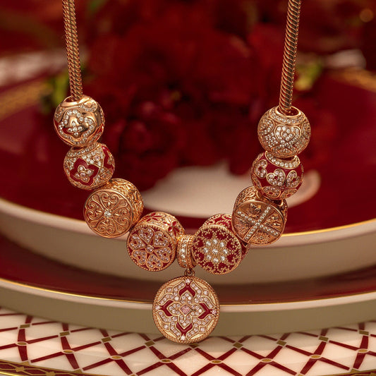 gona- Sterling Silver Seasons of Blessings Charms Necklace Set With Enamel In Rose Gold Plated