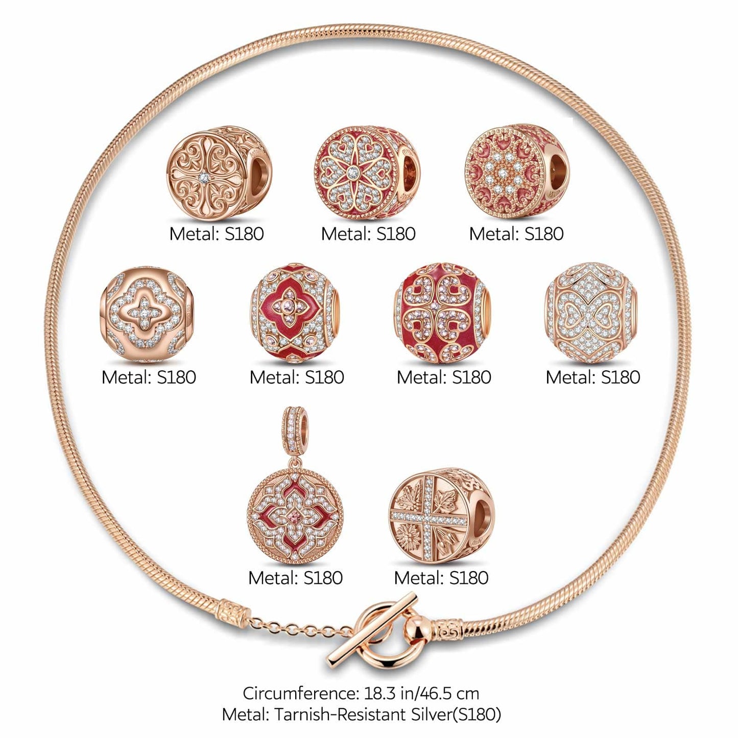 Sterling Silver Seasons of Blessings Charms Necklace Set With Enamel In Rose Gold Plated