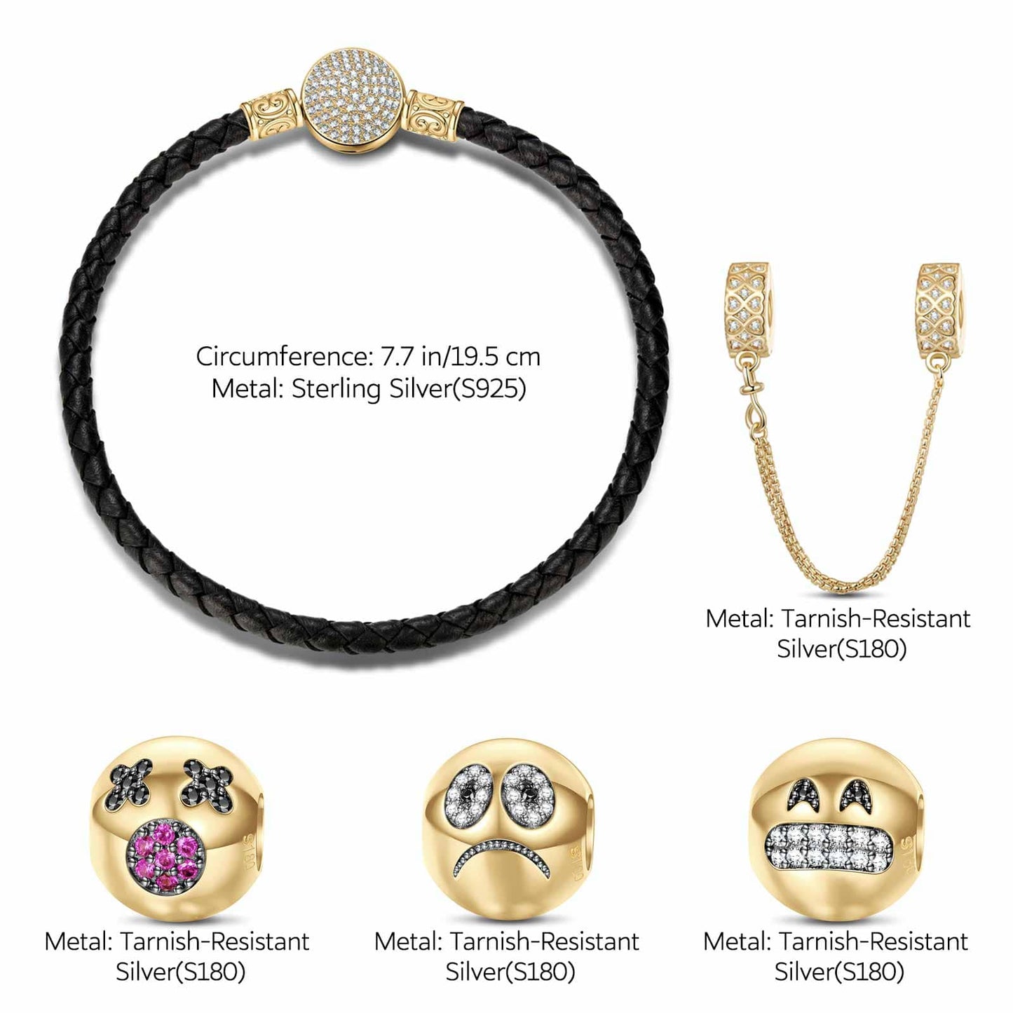 Sterling Silver Varied Emojis Charms Bracelet Set In 14K Gold Plated (Includes bracelet and all charms shown)
