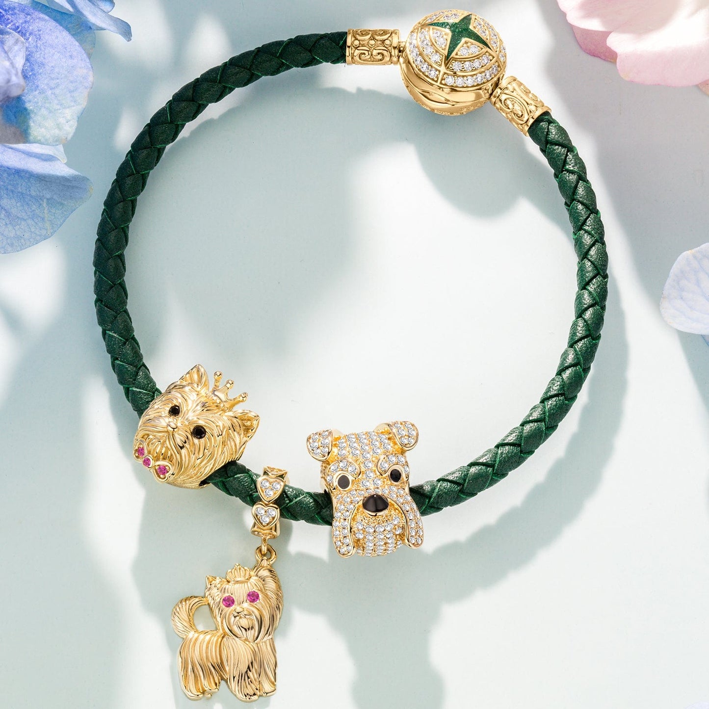 Sterling Silver Green Fetch Charms Bracelet Set In 14K Gold Plated(Includes bracelet and all charms shown)