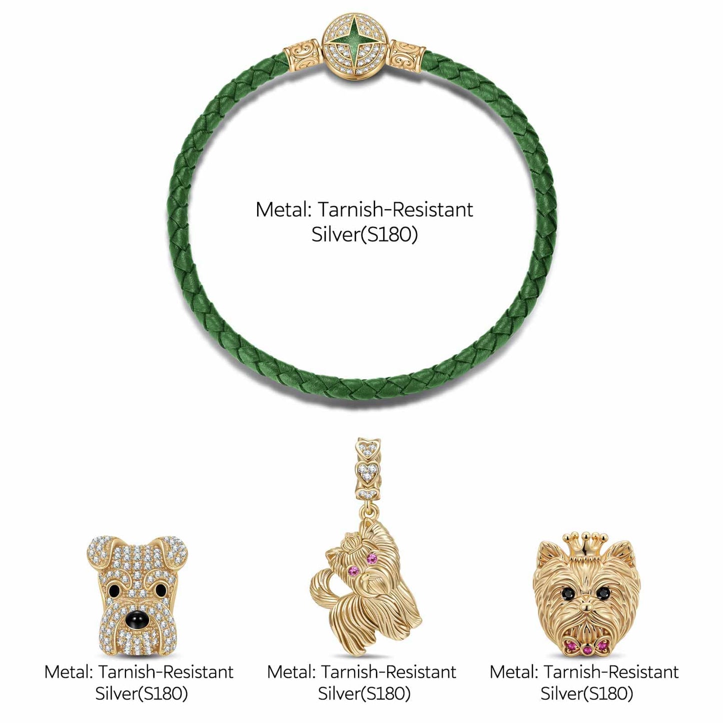 Sterling Silver Green Fetch Charms Bracelet Set In 14K Gold Plated(Includes bracelet and all charms shown)