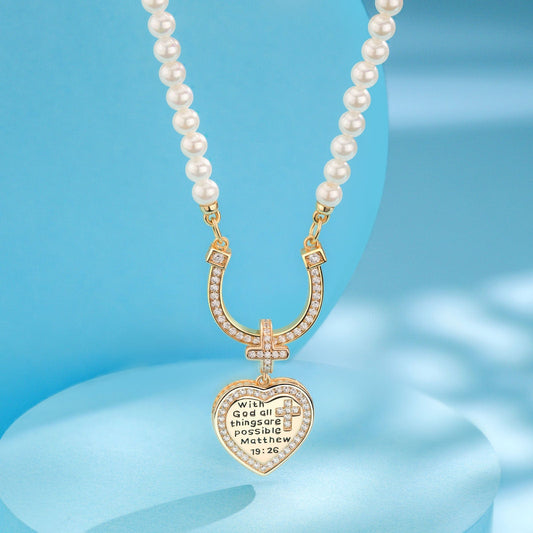 gona- Horseshoe Tarnish-resistant Silver Pearl Necklace God's Love Charms Necklace Set In 14K Gold Plated