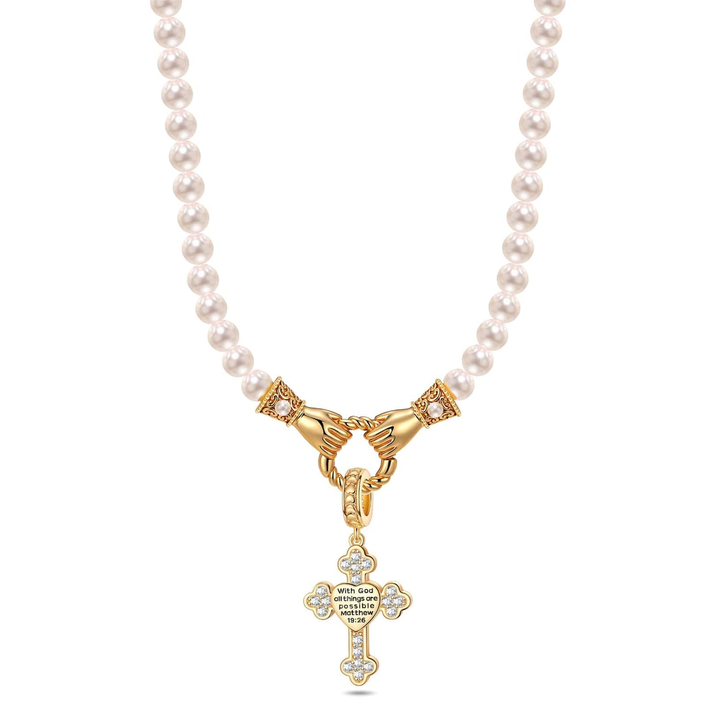 God's Cross Tarnish-resistant Silver Pearl Necklace Set In 14K Gold Plated