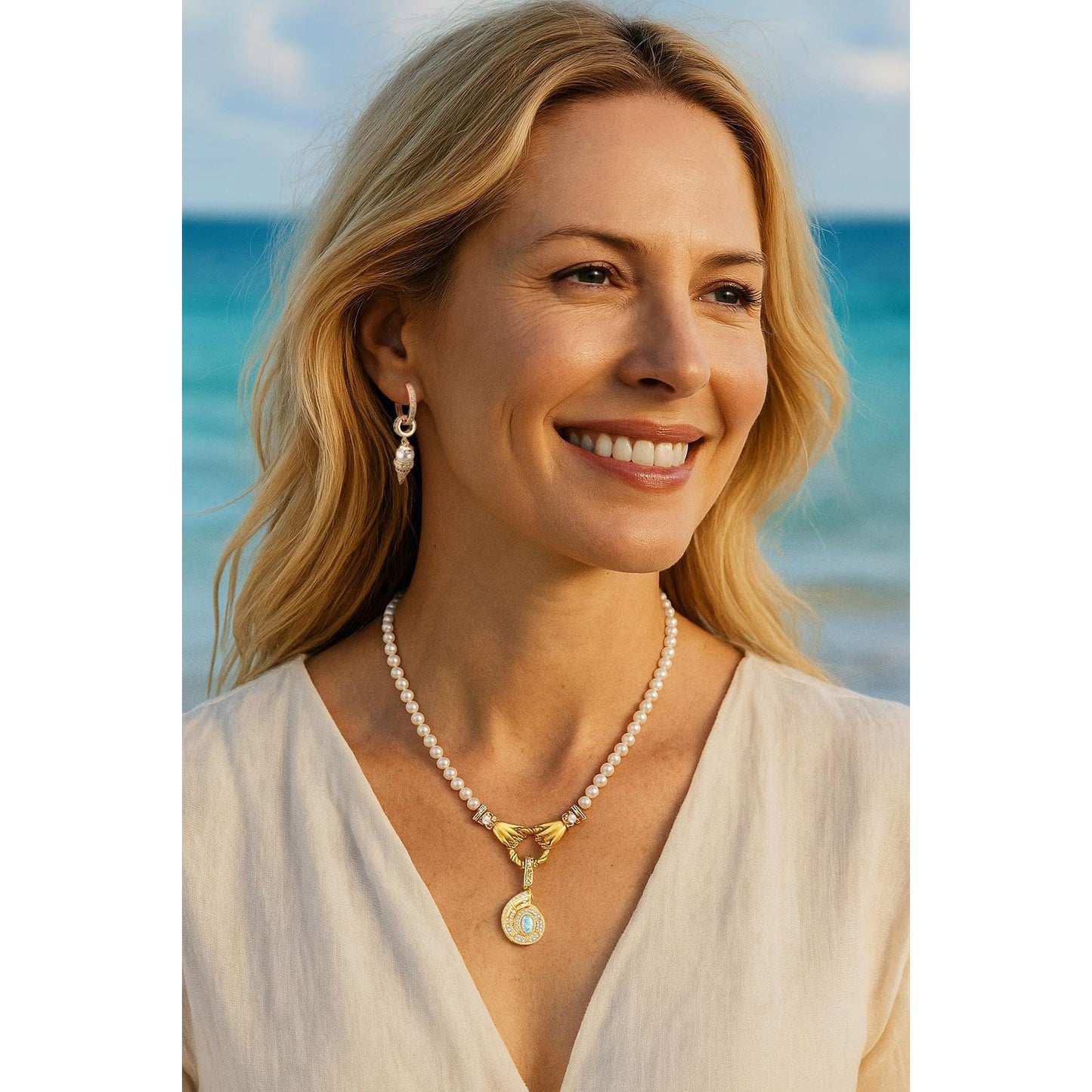 Delicate Seashell Tarnish-resistant Silver Pearl Necklace Set In 14K Gold Plated