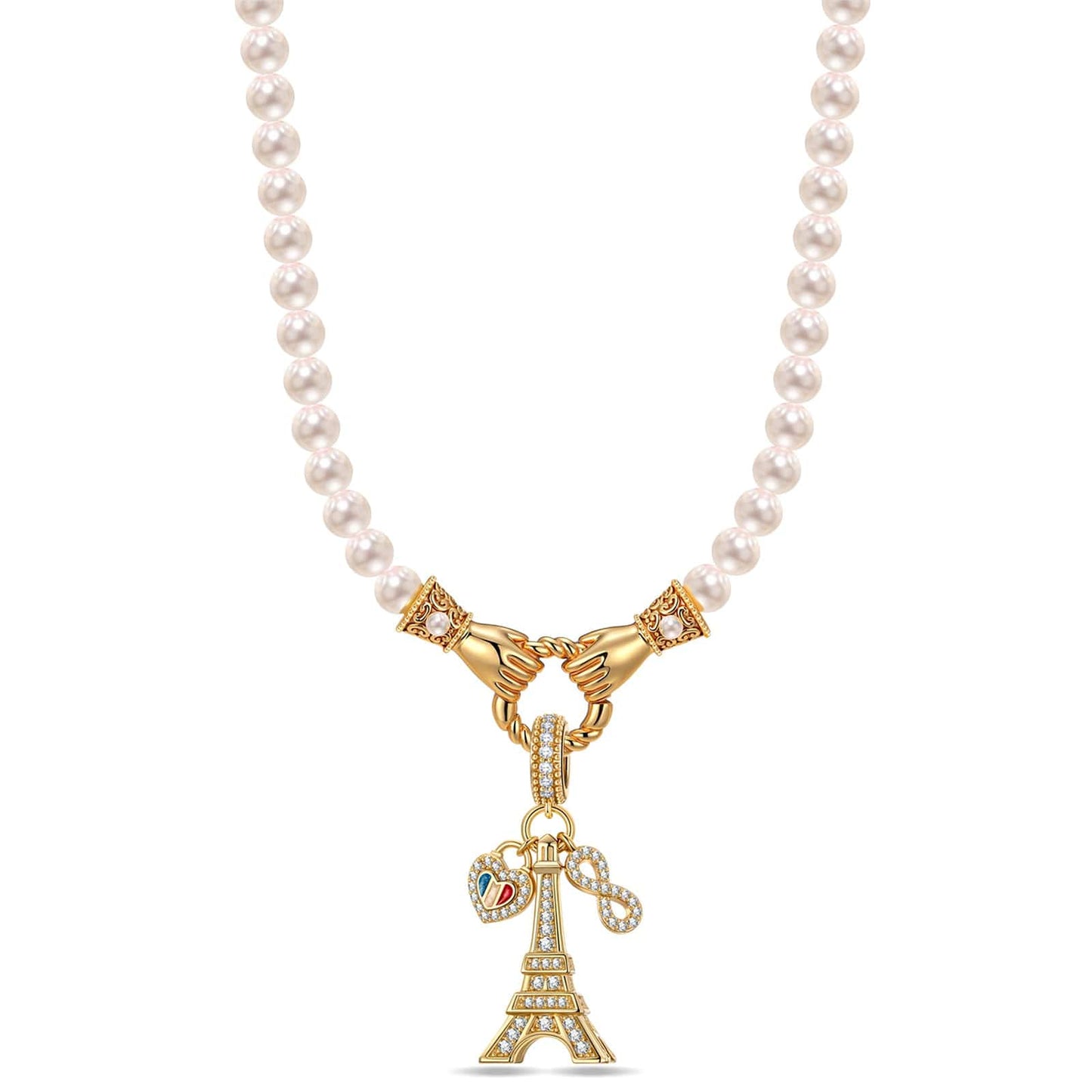 Eiffel Flair Tarnish-resistant Silver Pearl Necklace Set With Ename lIn 14K Gold Plated