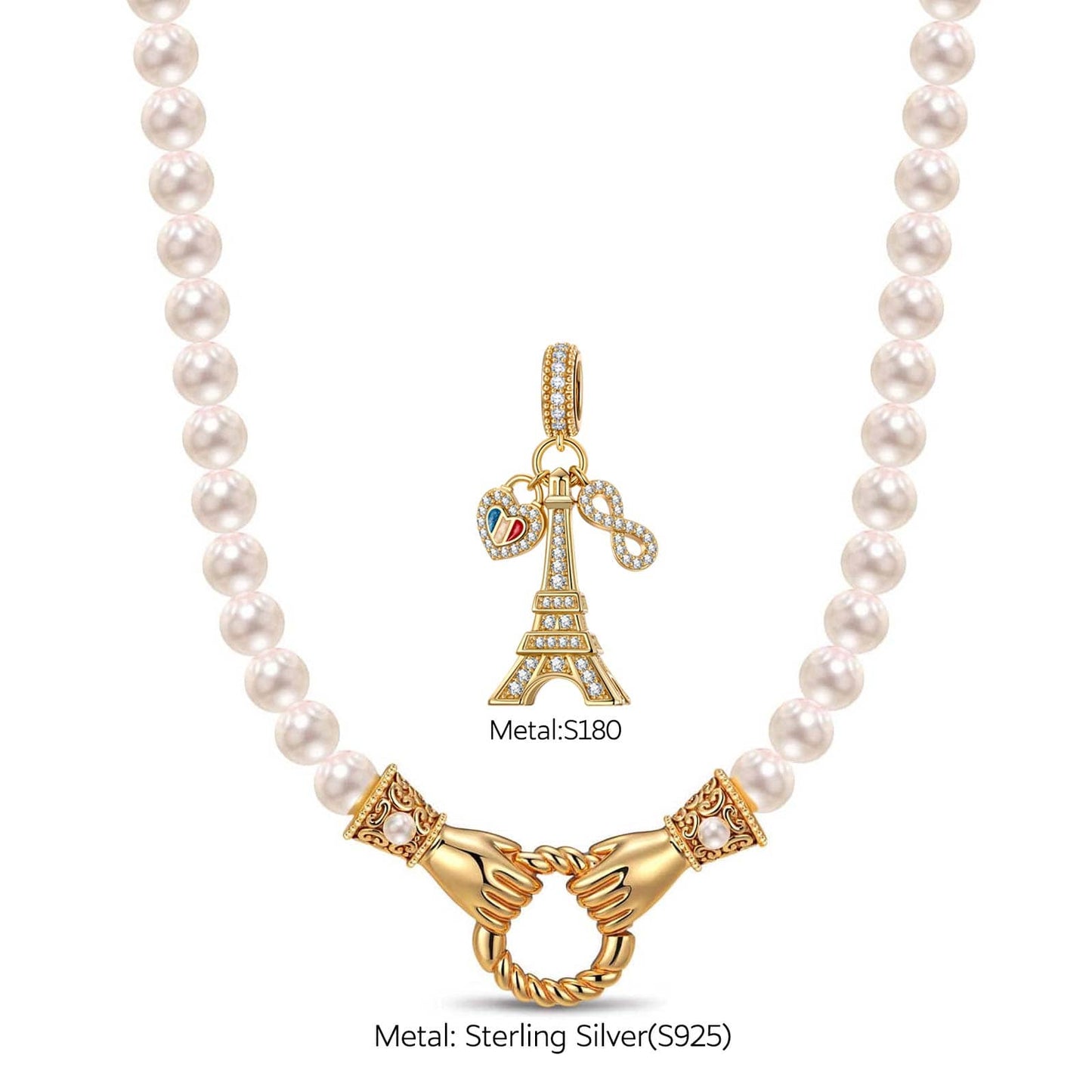 Eiffel Flair Tarnish-resistant Silver Pearl Necklace Set With Ename lIn 14K Gold Plated