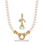 Eiffel Flair Tarnish-resistant Silver Pearl Necklace Set With Ename lIn 14K Gold Plated