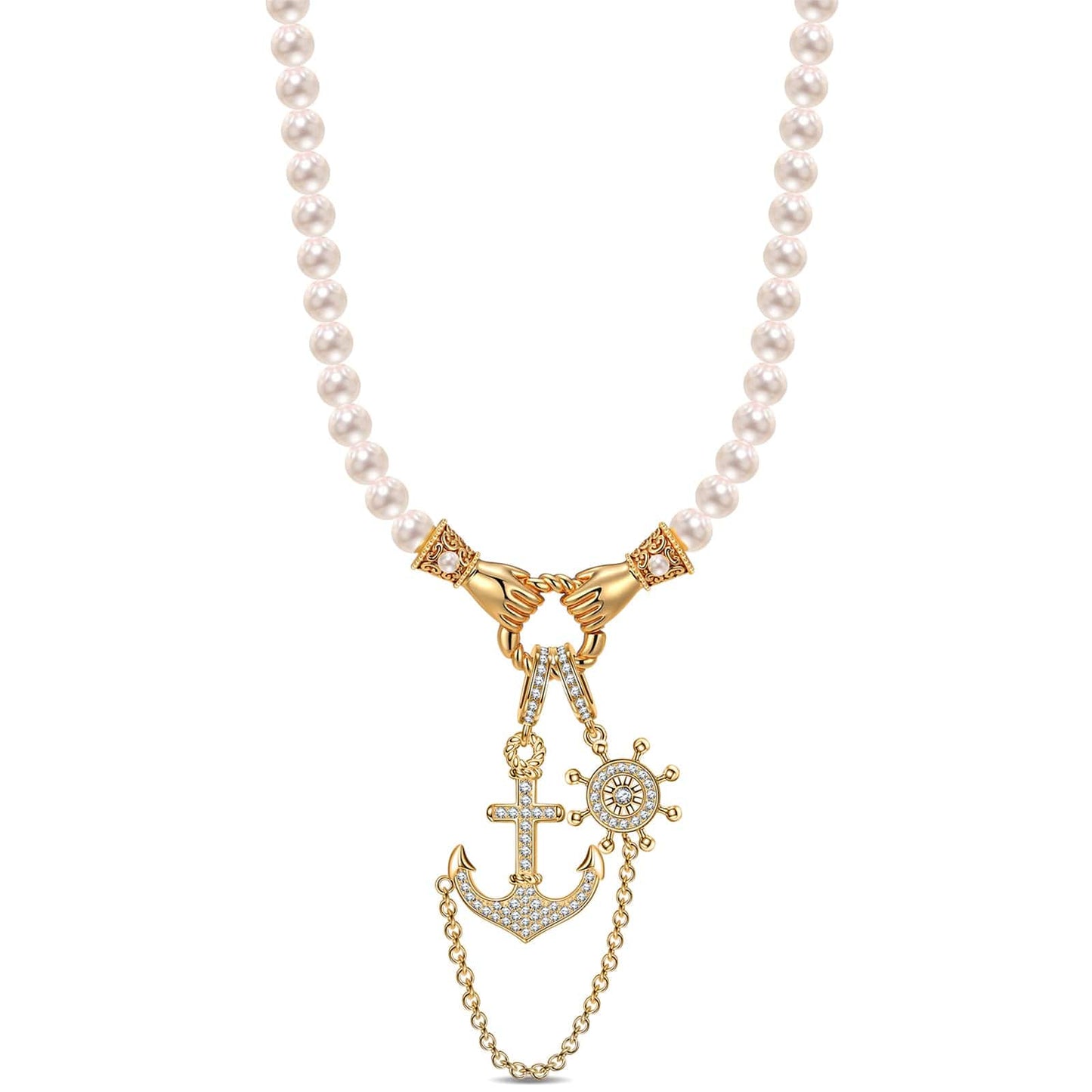 Anchor And Helm Tarnish-resistant Silver Pearl Necklace Set In 14K Gold Plated