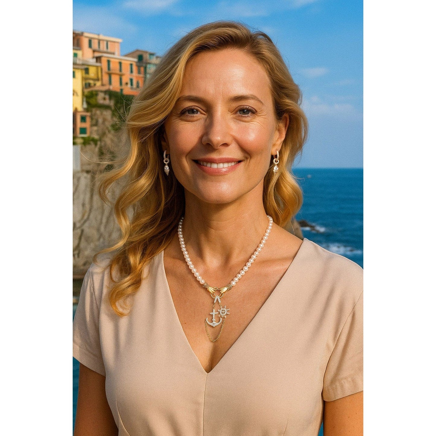 Anchor And Helm Tarnish-resistant Silver Pearl Necklace Set In 14K Gold Plated