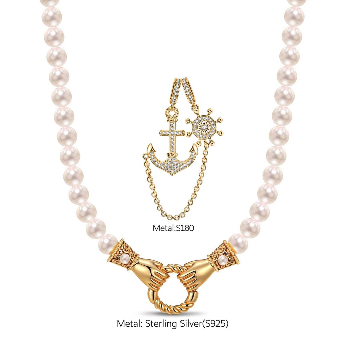 Anchor And Helm Tarnish-resistant Silver Pearl Necklace Set In 14K Gold Plated