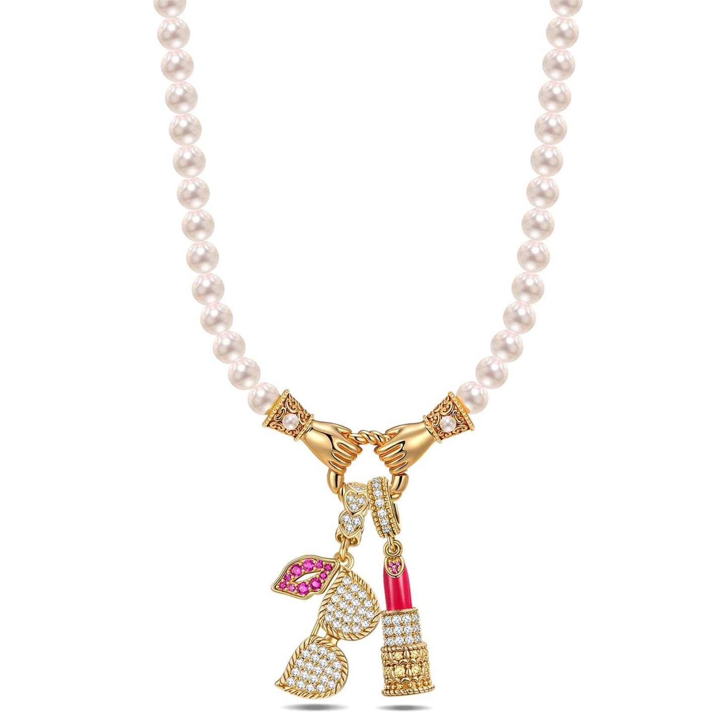 Effortless Chic Tarnish-resistant Silver Pearl Necklace Set With Ename lIn 14K Gold Plated