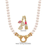 Effortless Chic Tarnish-resistant Silver Pearl Necklace Set With Ename lIn 14K Gold Plated