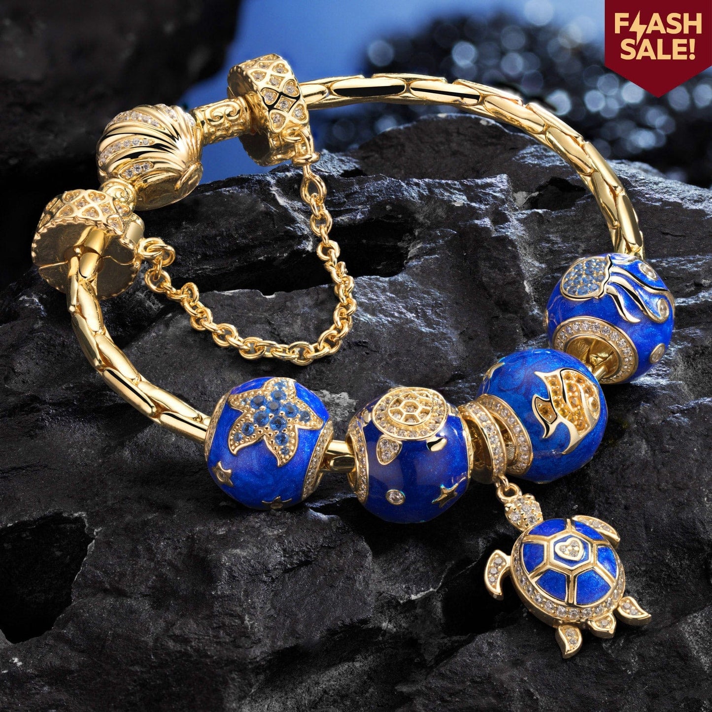 Sterling Silver Marine Animal Charms Bracelet Set With Enamel In 14K Gold Plated (Includes bracelet and all charms shown)