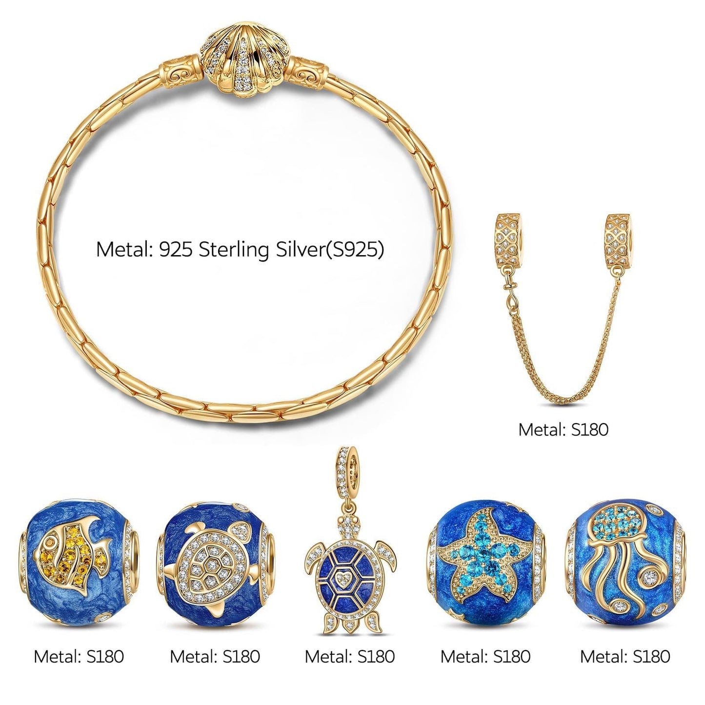 Sterling Silver Marine Animal Charms Bracelet Set With Enamel In 14K Gold Plated (Includes bracelet and all charms shown)