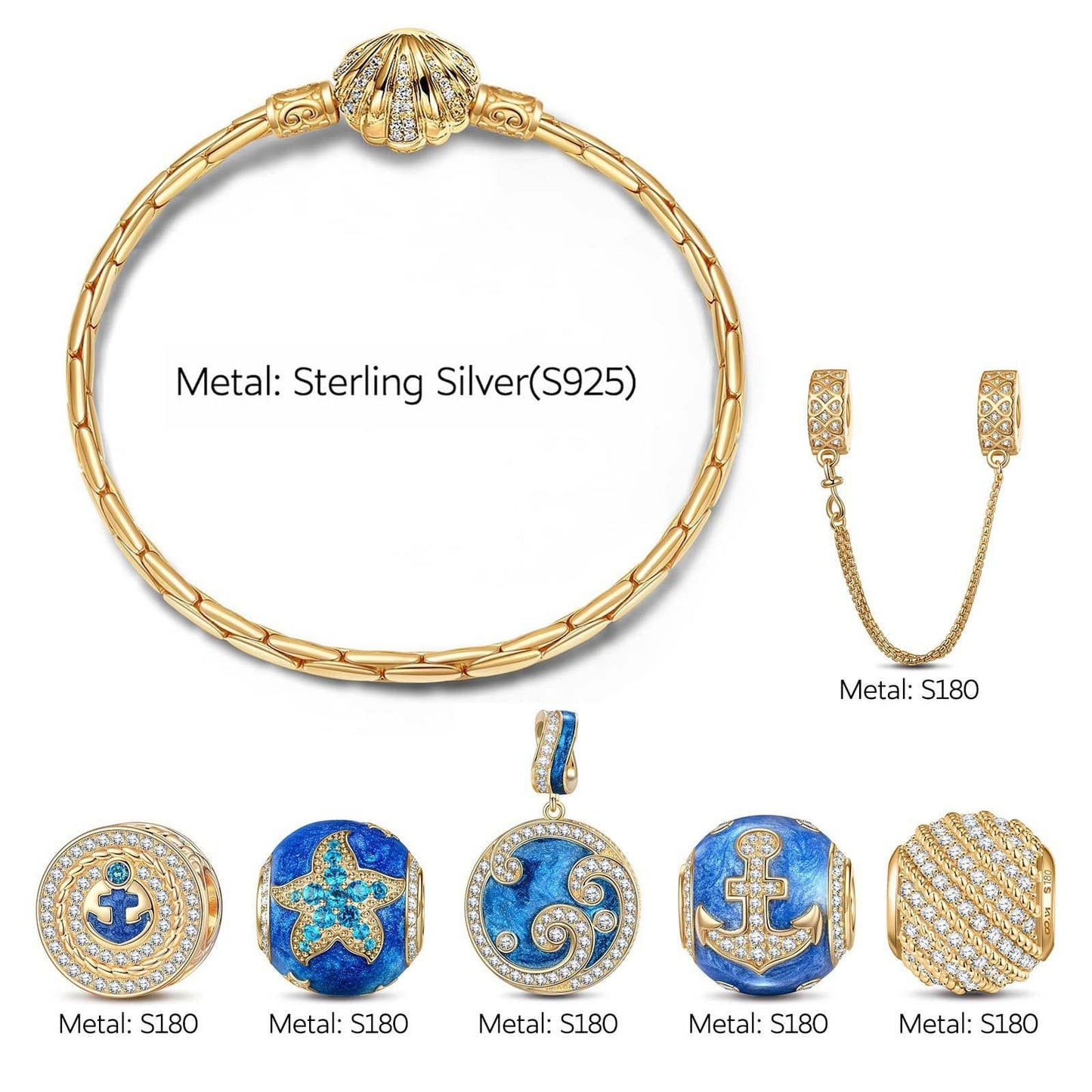[💥As @teddilovesfashion's Pick] Sterling Silver Blue Ocean Charms Bracelet Set With Enamel In 14K Gold Plated (Includes bracelet and all charms shown)