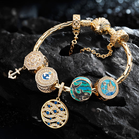 gona- Sterling Silver Blue Ocean Charms Bracelet Set With Enamel In 14K Gold Plated (Includes bracelet and all charms shown)