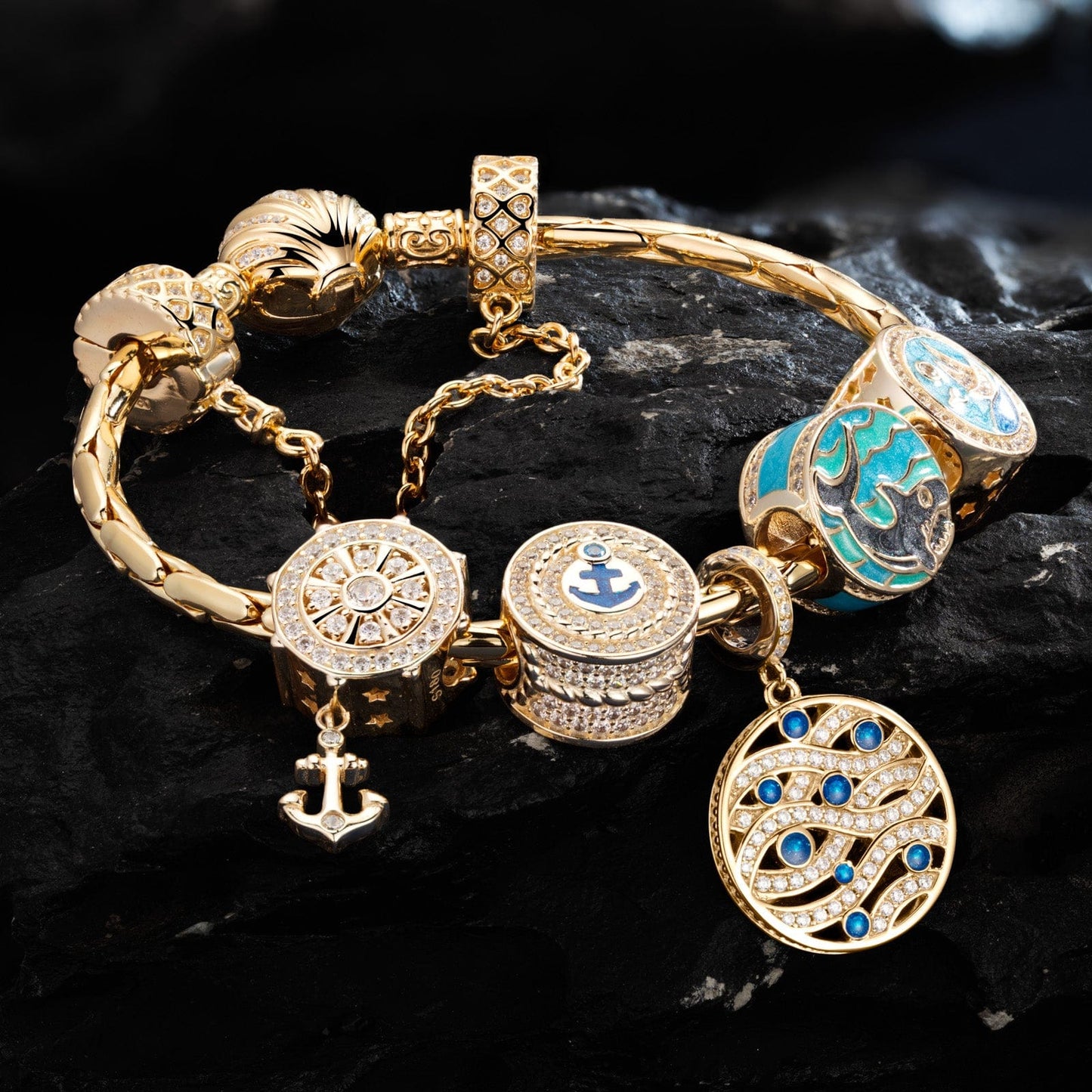 Sterling Silver Blue Ocean Charms Bracelet Set With Enamel In 14K Gold Plated (Includes bracelet and all charms shown)
