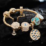 Sterling Silver Blue Ocean Charms Bracelet Set With Enamel In 14K Gold Plated (Includes bracelet and all charms shown)