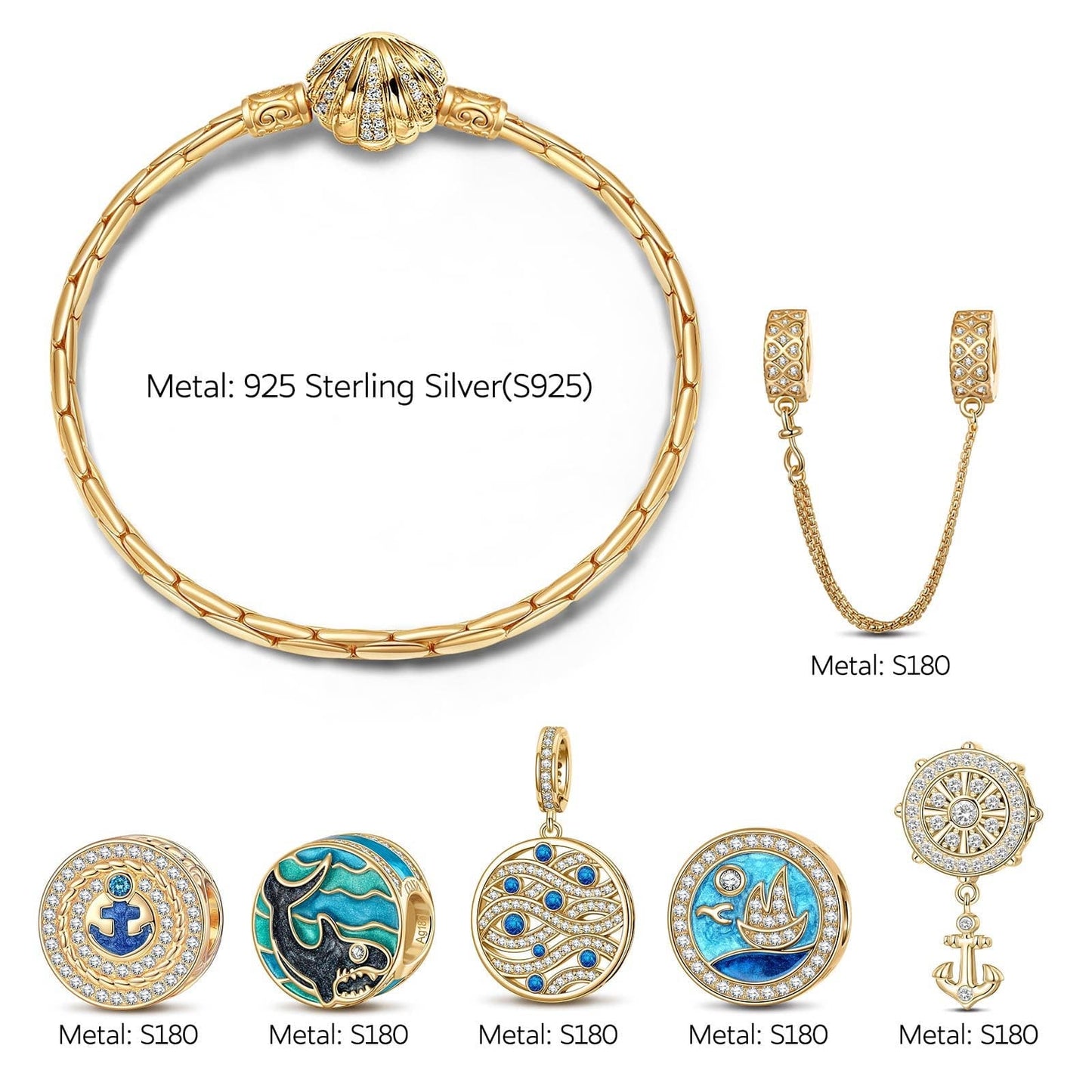 Sterling Silver Blue Ocean Charms Bracelet Set With Enamel In 14K Gold Plated (Includes bracelet and all charms shown)
