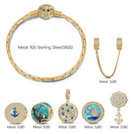 Sterling Silver Blue Ocean Charms Bracelet Set With Enamel In 14K Gold Plated (Includes bracelet and all charms shown)