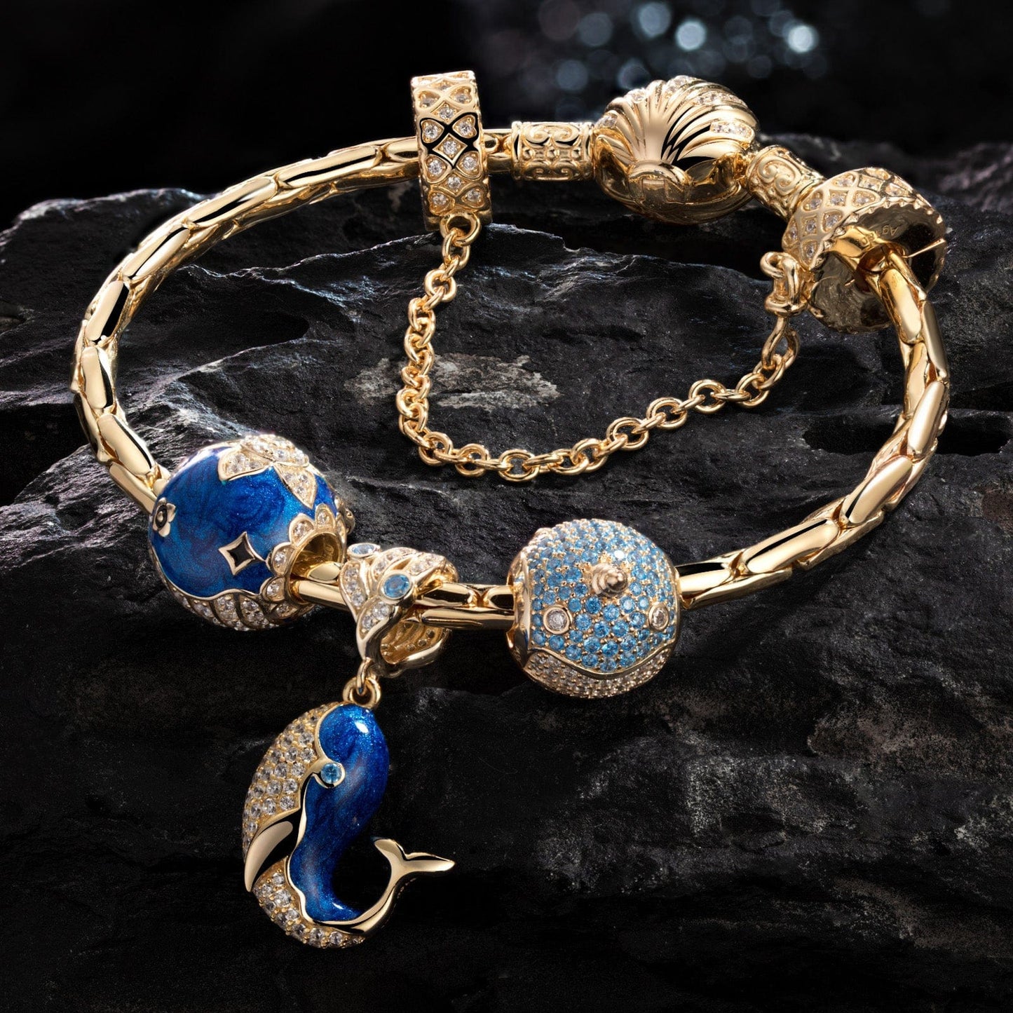 [💥As @ginagoingsilver's Pick] Sterling Silver Blue Whale Family Charms Bracelet Set With Enamel In 14K Gold Plated (Includes bracelet and all charms shown)