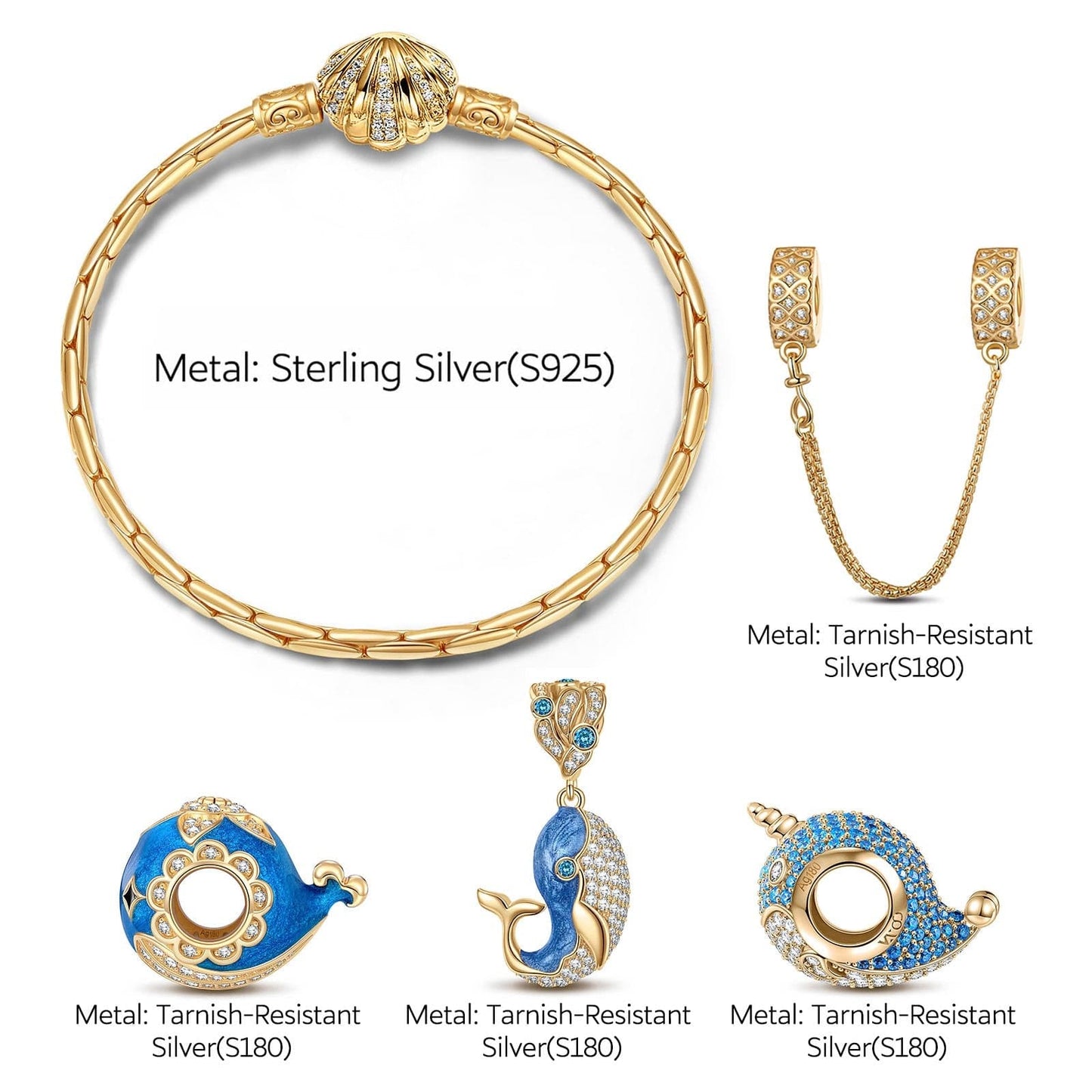 [💥As @ginagoingsilver's Pick] Sterling Silver Blue Whale Family Charms Bracelet Set With Enamel In 14K Gold Plated (Includes bracelet and all charms shown)