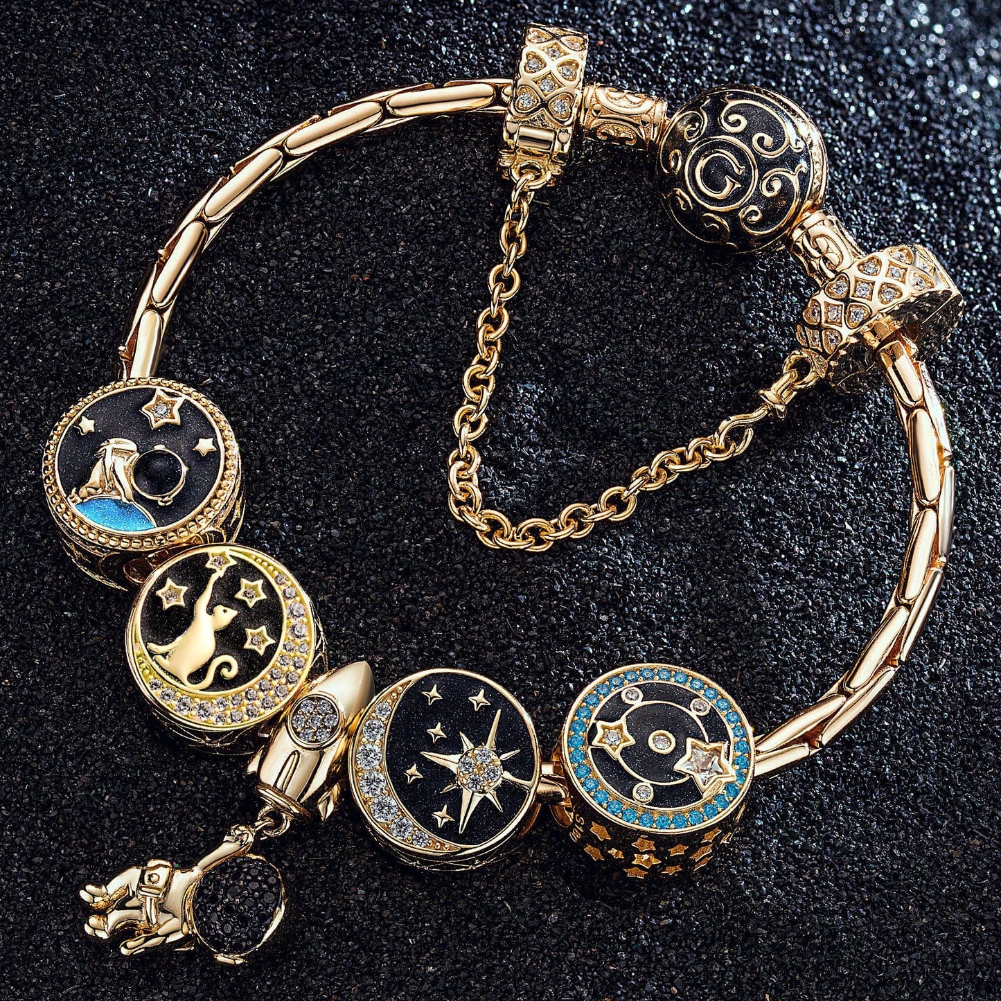 Sterling Silver Traveling In Space Charms Bracelet Set With Enamel In 14K Gold Plated (Includes bracelet and all charms shown)