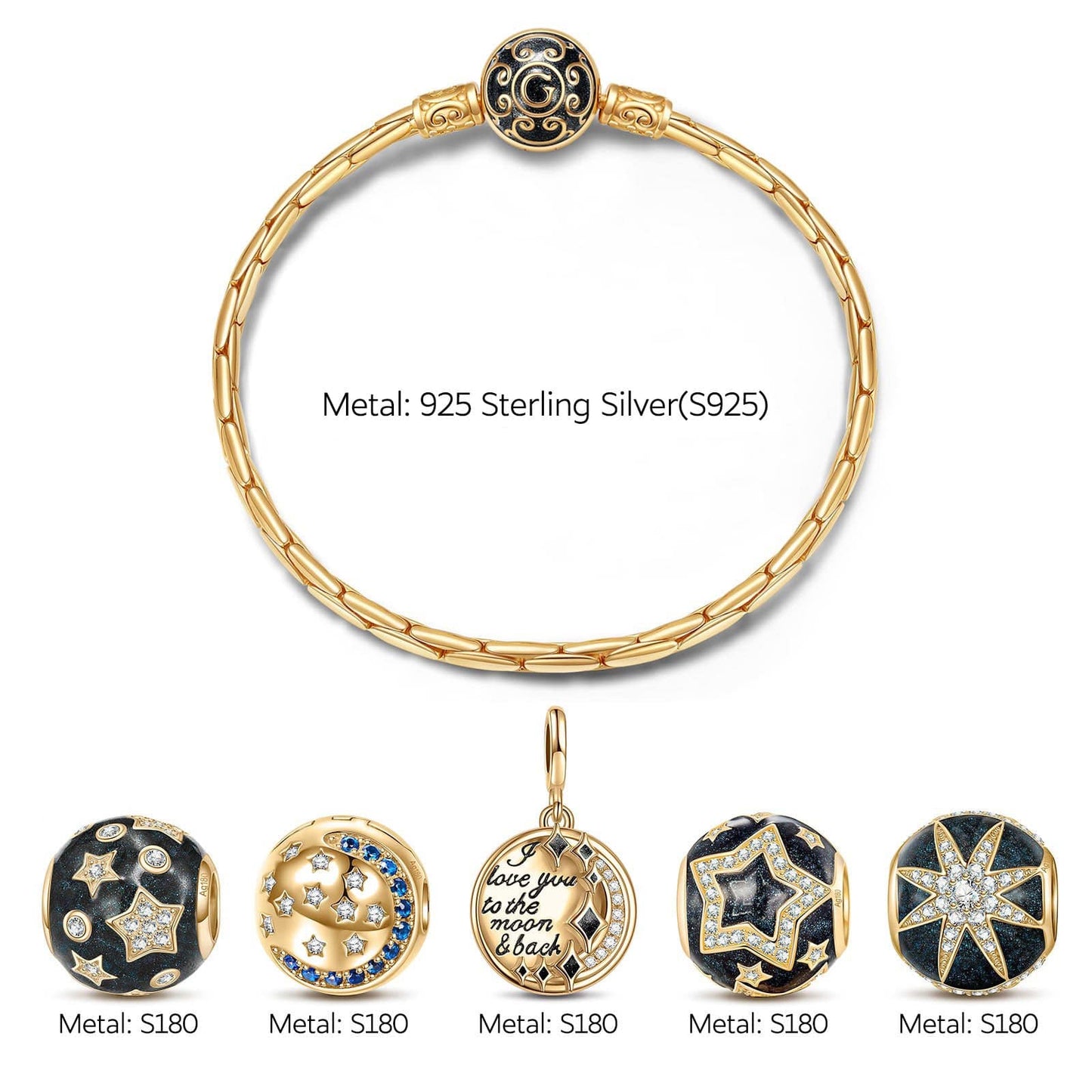 Sterling Silver Starry Night Charms Bracelet Set With Enamel In 14K Gold Plated (Includes bracelet and all charms shown)