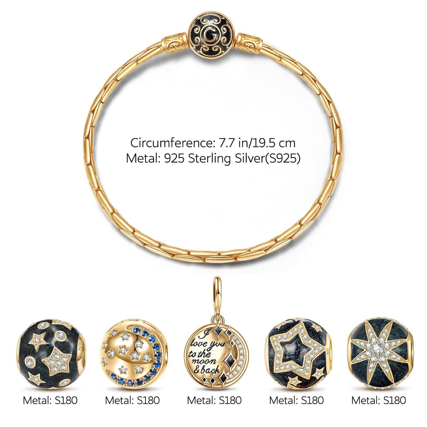 Sterling Silver Starry Night Charms Bracelet Set With Enamel In 14K Gold Plated (Includes bracelet and all charms shown)