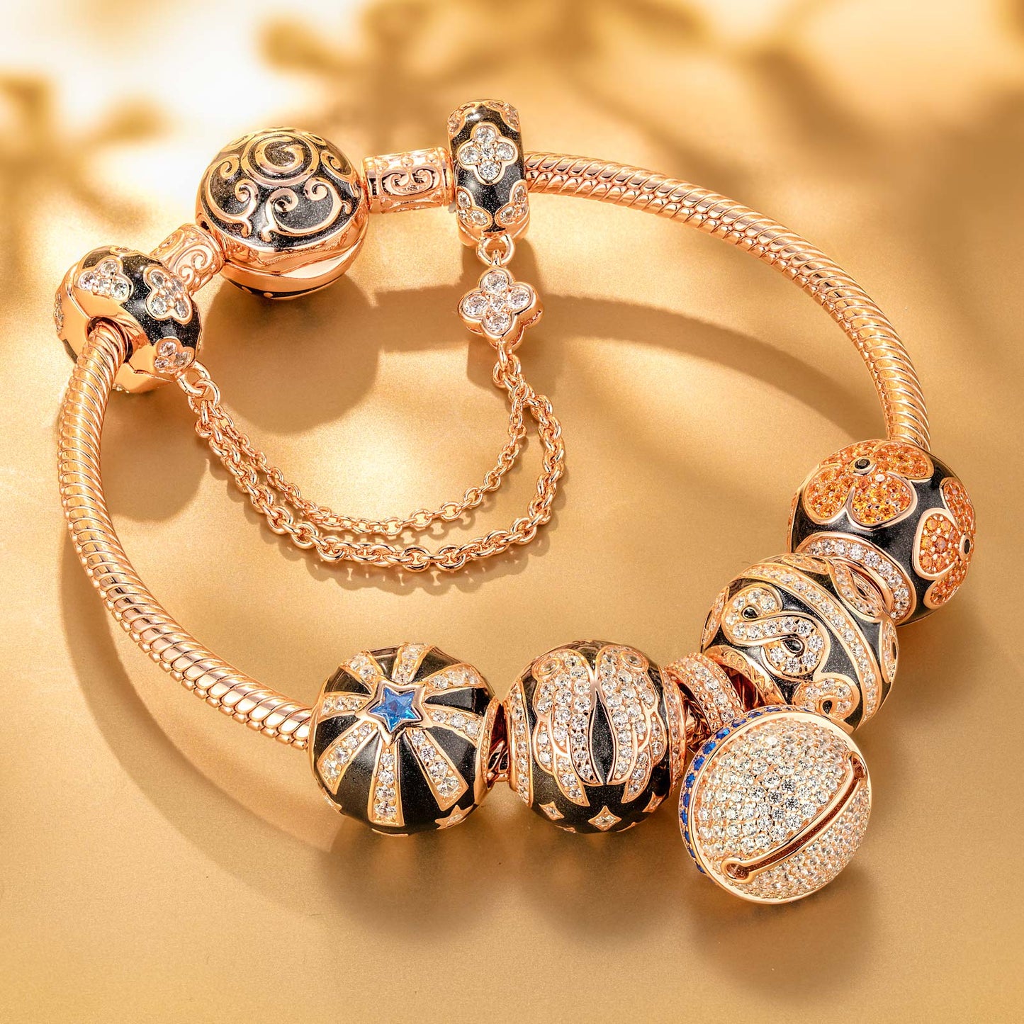 Starry Eternity Collection Tarnish-resistant Silver Charms Bracelet Set With Enamel In Rose Gold Plated (Includes bracelet and all charms shown)