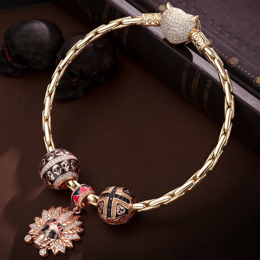gona- Sterling Silver Halloween & Skull Charms Bracelet Set With Enamel In Rose Gold Plated (Includes bracelet and all charms shown)