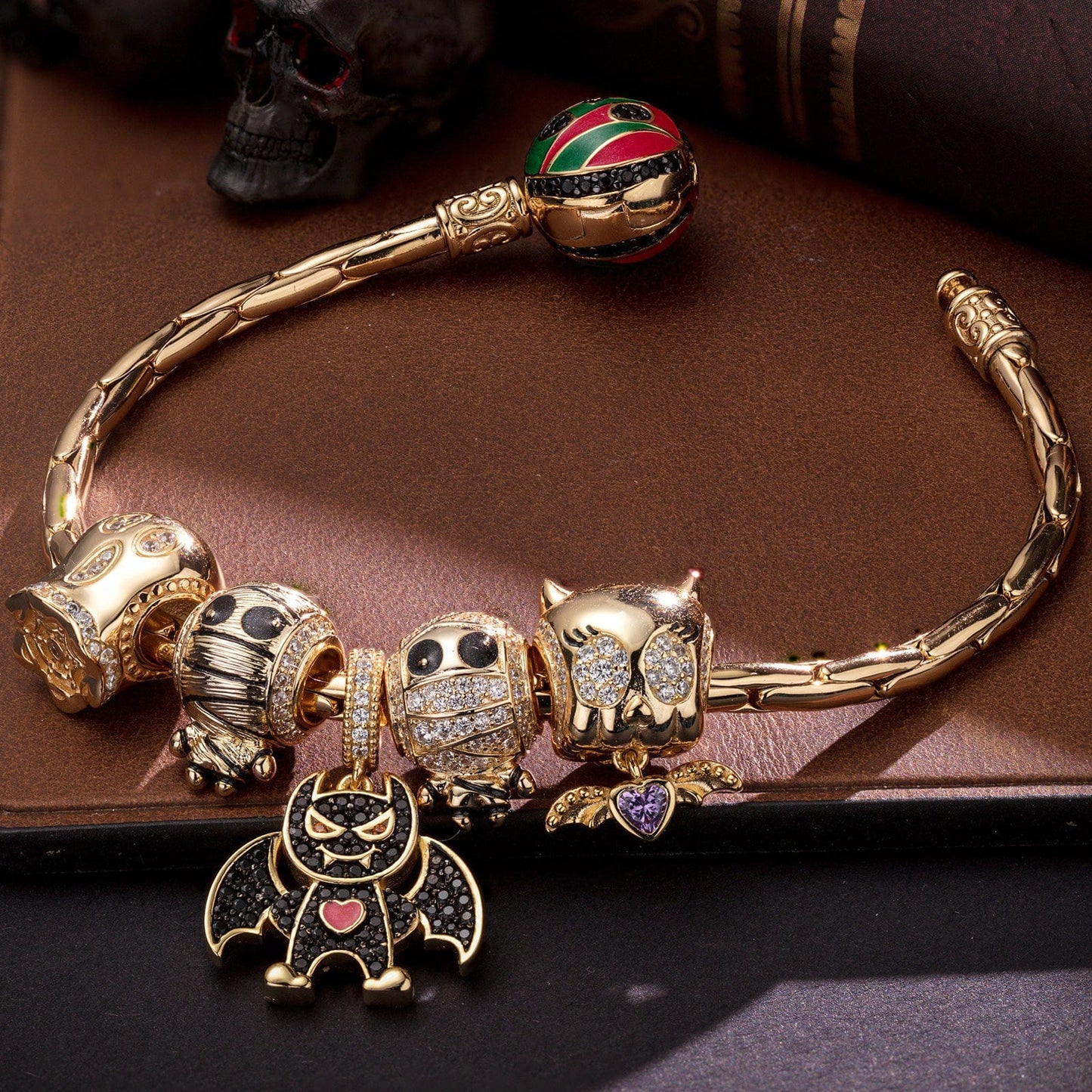 Sterling Silver Halloween Monster Family Charms Bracelet Set With Enamel In 14K Gold Plated (Includes bracelet and all charms shown)