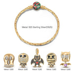 Sterling Silver Halloween Monster Family Charms Bracelet Set With Enamel In 14K Gold Plated (Includes bracelet and all charms shown)