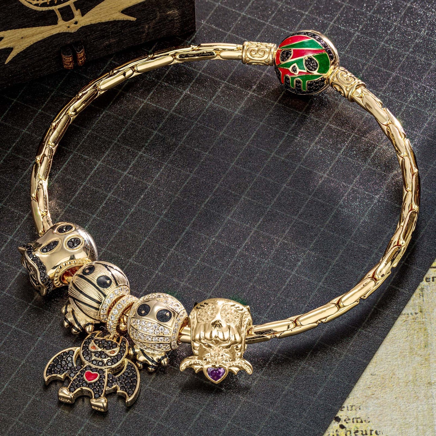 Sterling Silver Halloween Monster Family Charms Bracelet Set With Enamel In 14K Gold Plated (Includes bracelet and all charms shown)