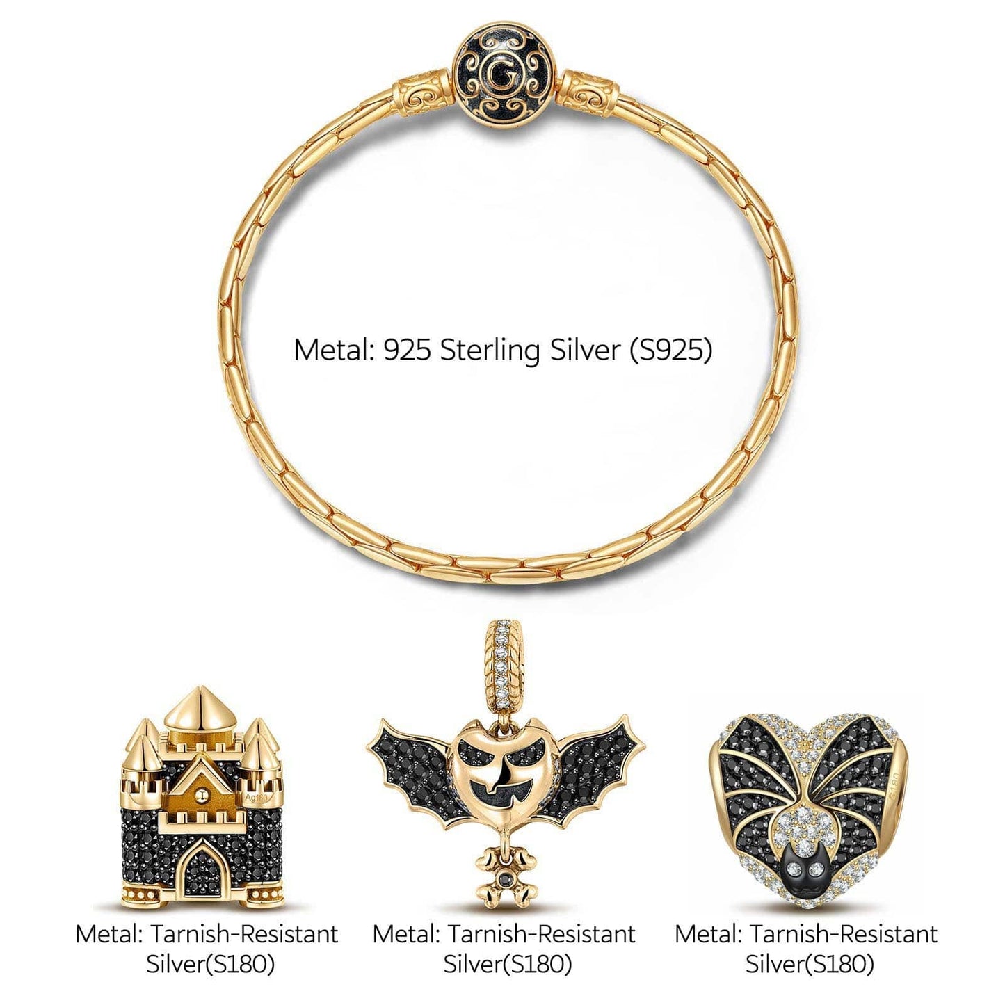 Sterling Silver Vampire Castle Charms Bracelet Set With Enamel In 14K Gold Plated (Includes bracelet and all charms shown)