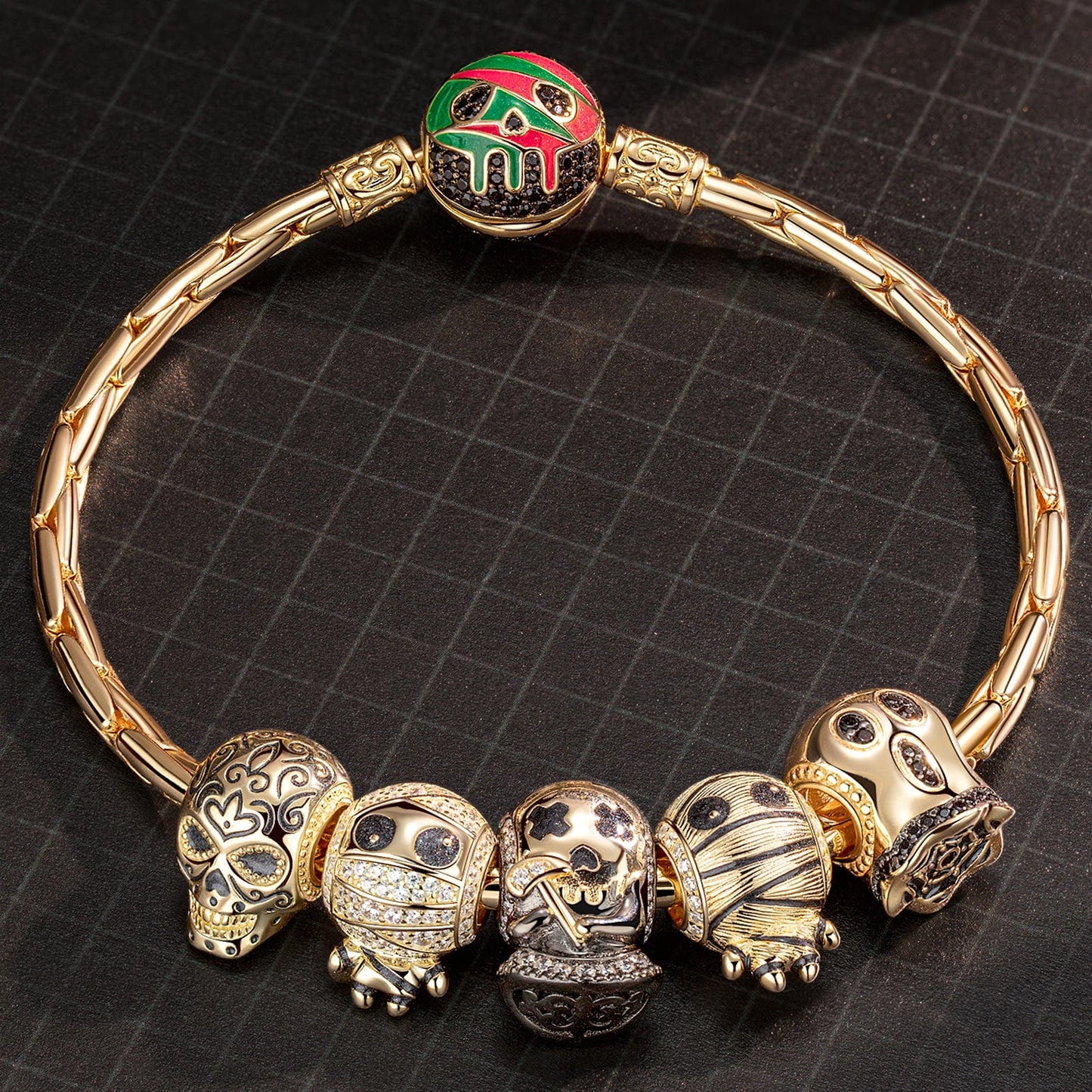 Sterling Silver The Spooky Family Charms Bracelet Set With Enamel In 14K Gold Plated (Includes bracelet and all charms shown)