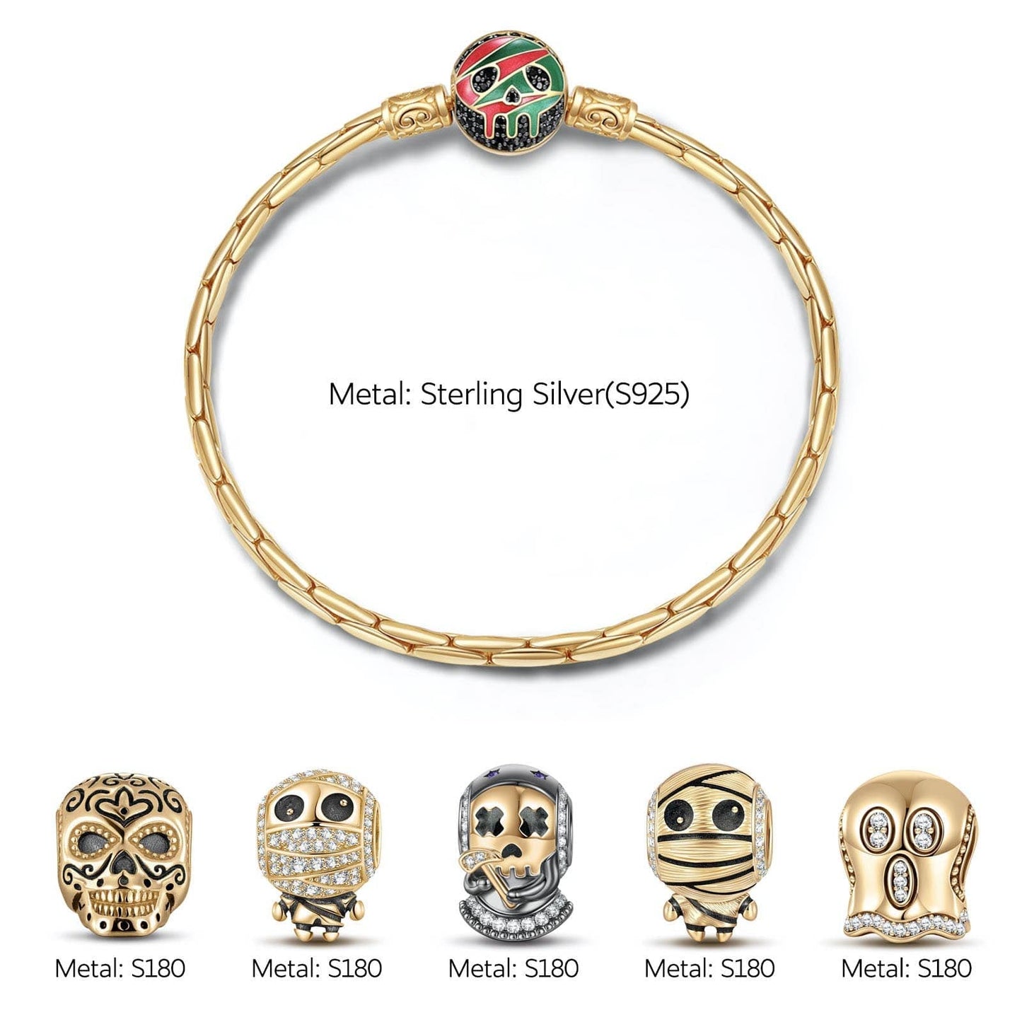 Sterling Silver The Spooky Family Charms Bracelet Set With Enamel In 14K Gold Plated (Includes bracelet and all charms shown)