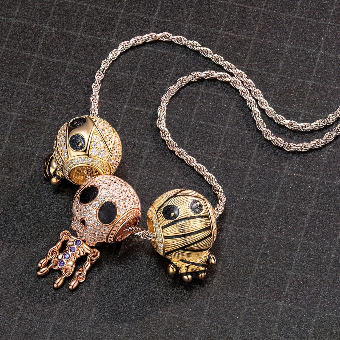 Sterling Silver Mummy and Skeleton Man Charms Necklace Set With Enamel In White Gold Plated