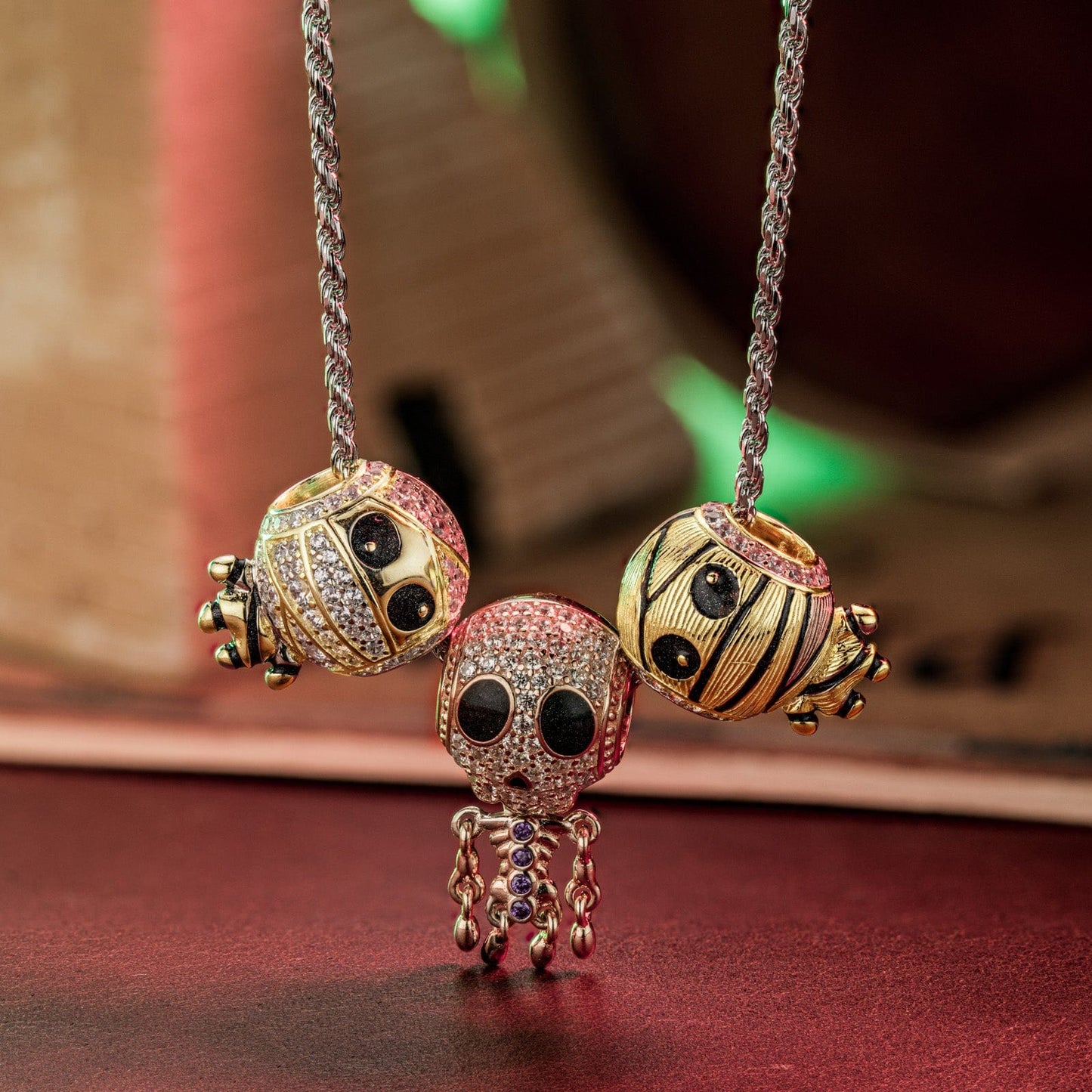 Sterling Silver Mummy and Skeleton Man Charms Necklace Set With Enamel In White Gold Plated