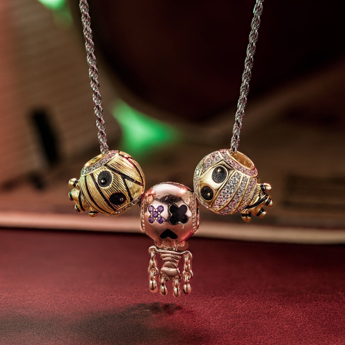 Sterling Silver Mummy and Skeleton Man Charms Necklace Set With Enamel In White Gold Plated
