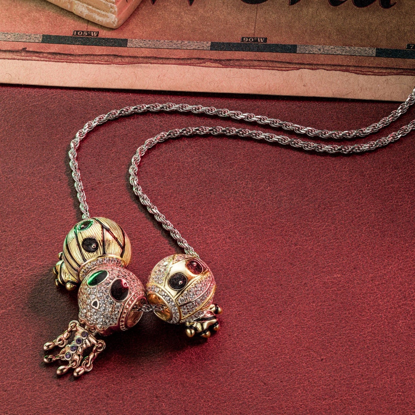 Sterling Silver Mummy and Skeleton Man Charms Necklace Set With Enamel In White Gold Plated