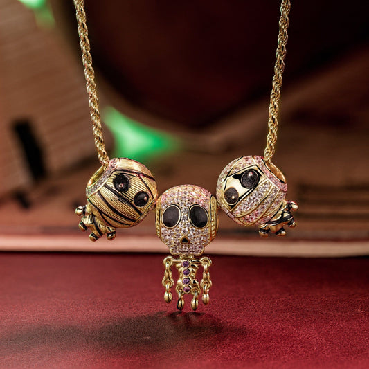 gona- Sterling Silver Mummy and Skeleton Man Charms Necklace Set With Enamel In 14K Gold Plated