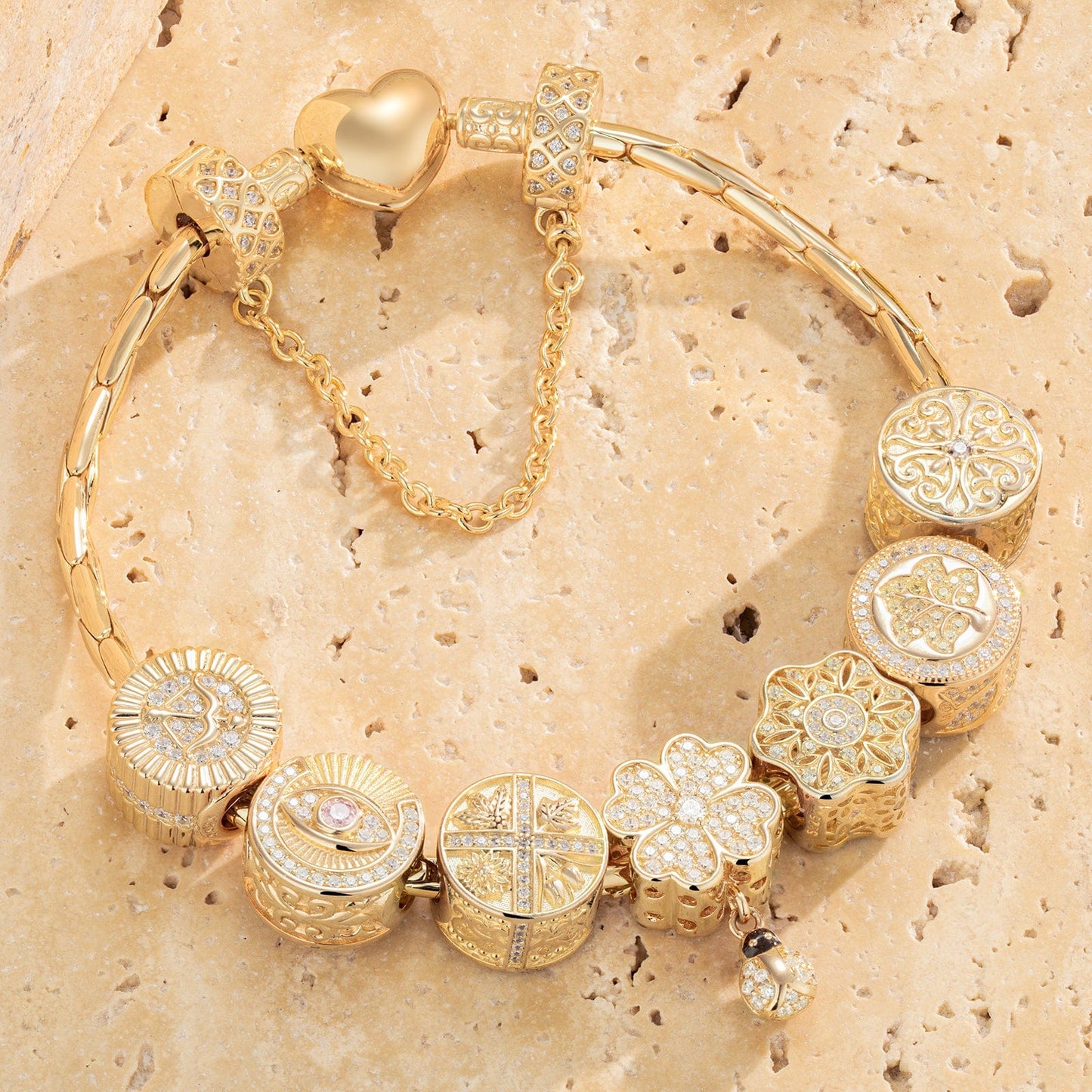 Sterling Silver Memories Of Versailles Charms Bracelet Set In 14K Gold Plated (Includes bracelet and all charms shown)