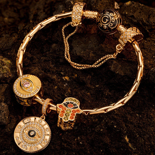 gona- Sterling Silver Star Of David Charms Bracelet Set With Enamel In 14K Gold Plated (Includes bracelet and all charms shown)